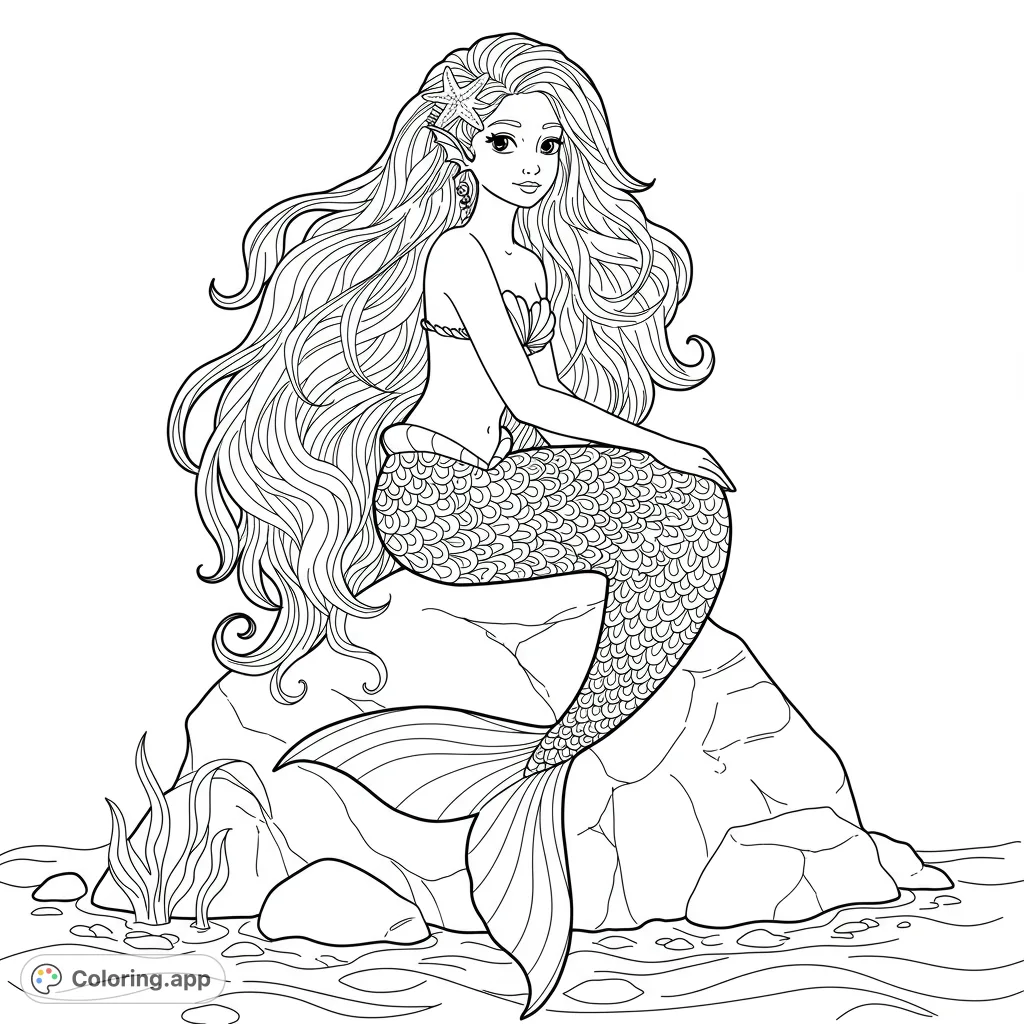 A beautiful mermaid with flowing hair and a detailed scaled tail sits gracefully on a rock amidst rippling water. Perfect for fantasy coloring.