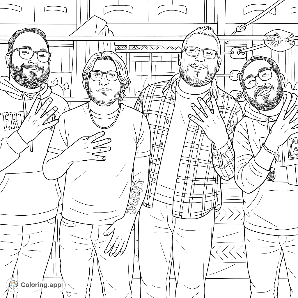 Four friends pose in a wrestling ring, ready for action. A fun, free printable wrestling coloring page for fans of all ages.