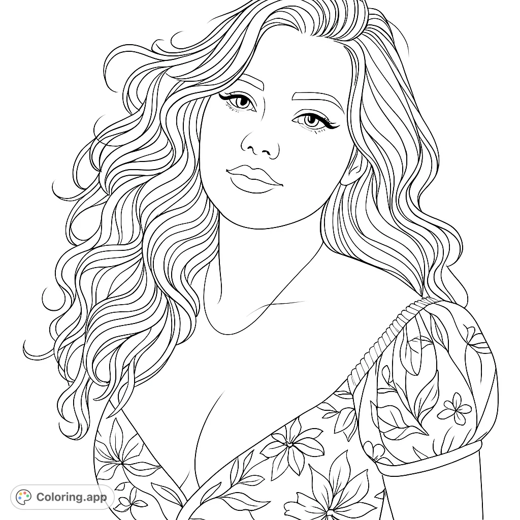 An elegant woman with voluminous wavy hair and a beautiful floral dress. A free printable coloring page for adults and teens, perfect for creative expression.