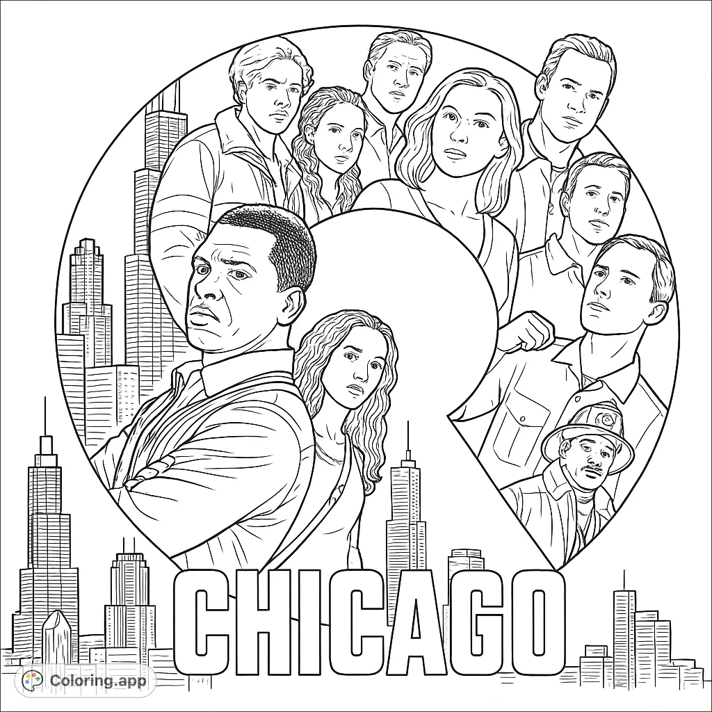 A dynamic Chicago-themed coloring page featuring a diverse group of characters framed by a bold 'C' and a detailed cityscape. Free printable coloring page for fans!