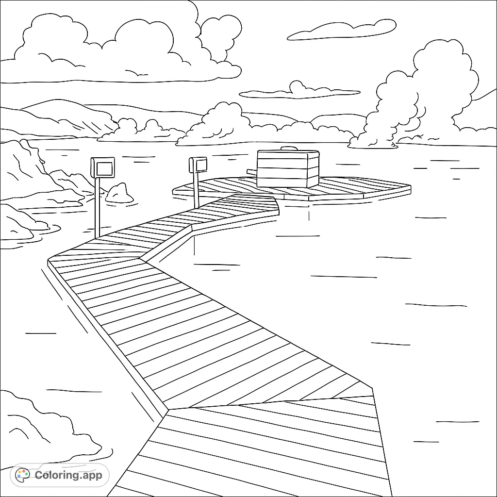 Explore a peaceful lakeside boardwalk scene with a curving pier, distant mountains, and fluffy clouds. A free printable nature coloring page for all ages.