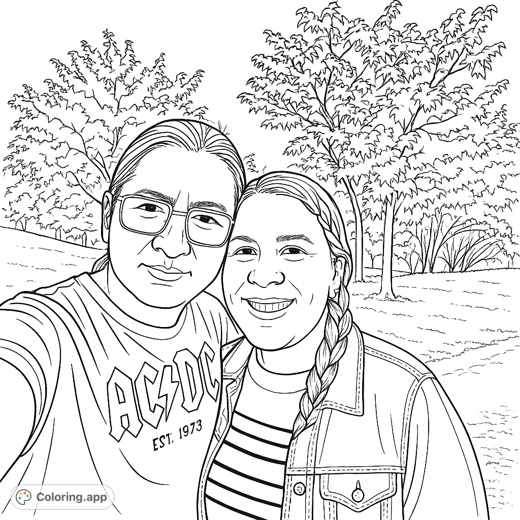 A heartwarming portrait of two smiling individuals, one in glasses and an AC/DC shirt, posing together outdoors amidst lush trees and a grassy park.