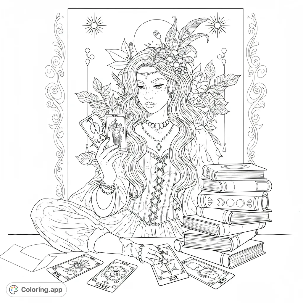 An enchanting fortune teller reads tarot cards amidst mystical foliage and ancient books. A detailed, free printable fantasy coloring page.