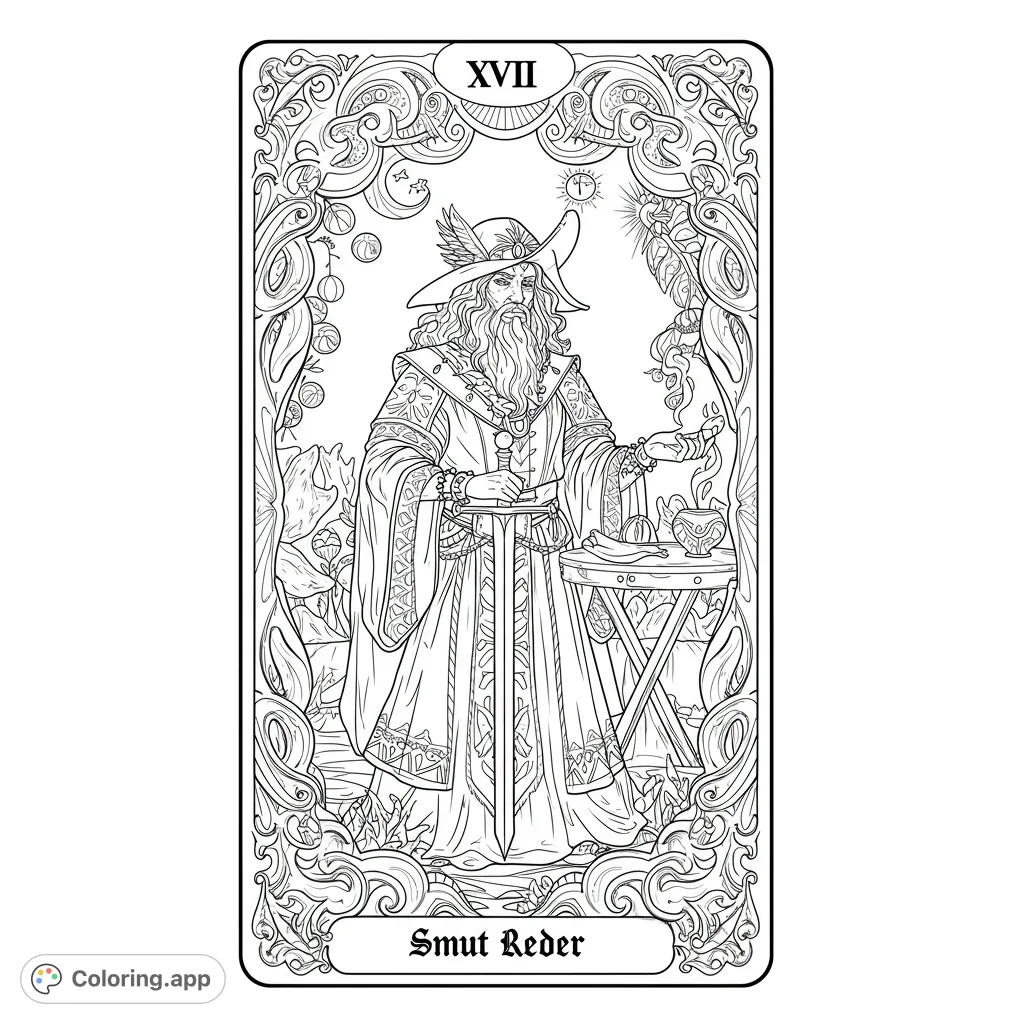 Detailed mystical wizard with a sword, surrounded by an ornate magical frame, perfect for fantasy coloring page enthusiasts and free printable coloring page seekers.