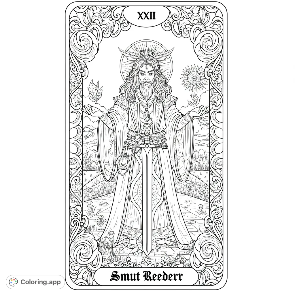 Color a regal mystic figure with flowing robes, a majestic sword, and an ornate frame, set in a serene landscape. Perfect for fantasy art lovers!