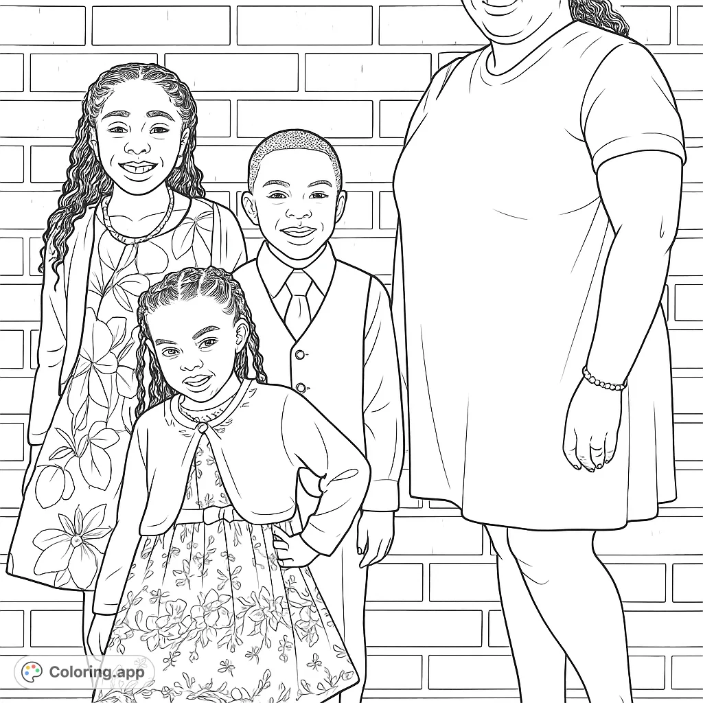 A heartwarming family portrait featuring three smiling children and an adult, set against a brick wall. Perfect for a family coloring page, free printable coloring page.