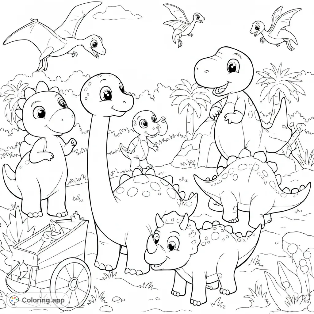 Explore a prehistoric world with a group of happy, cartoon dinosaurs! A fun, free printable dinosaur coloring page for kids and adults.