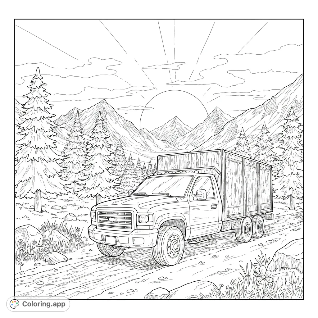 Rugged truck on a mountain road, surrounded by pine trees and a rising sun. A detailed nature and vehicle coloring page for all ages.