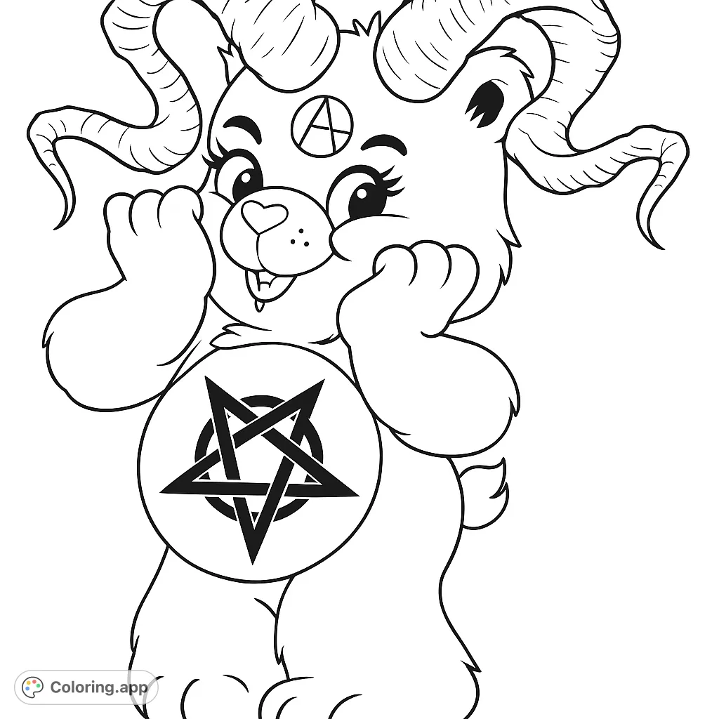 A unique gothic cute coloring page featuring a horned bear-like creature with an anarchy symbol and inverted pentagram, perfect for alternative art fans.