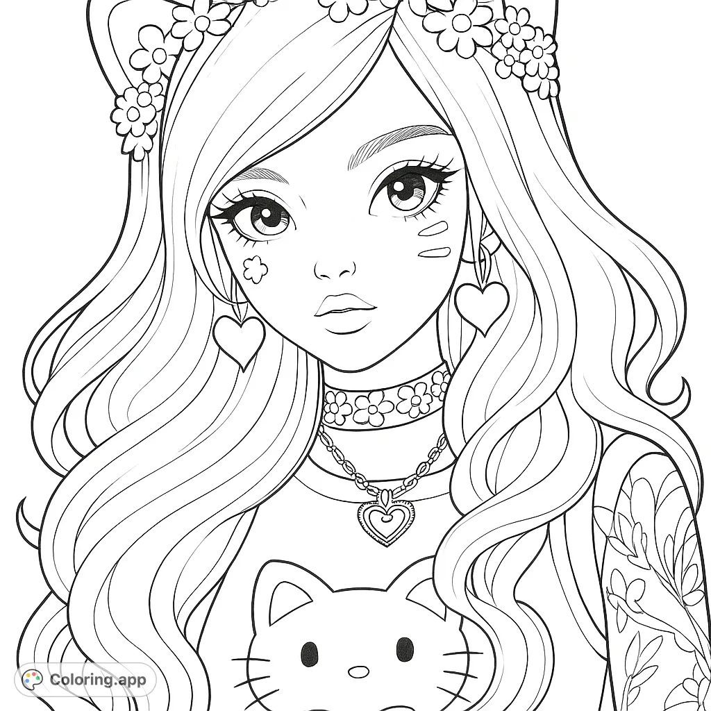 An adorable girl with cat ears and a floral headband, featuring a cute cat-themed shirt and intricate jewelry. A charming free printable coloring page.