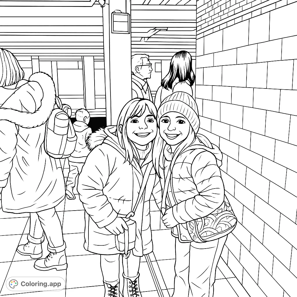 Two smiling girls in winter coats at a bustling station. A free printable urban travel coloring page, perfect for kids and adults.