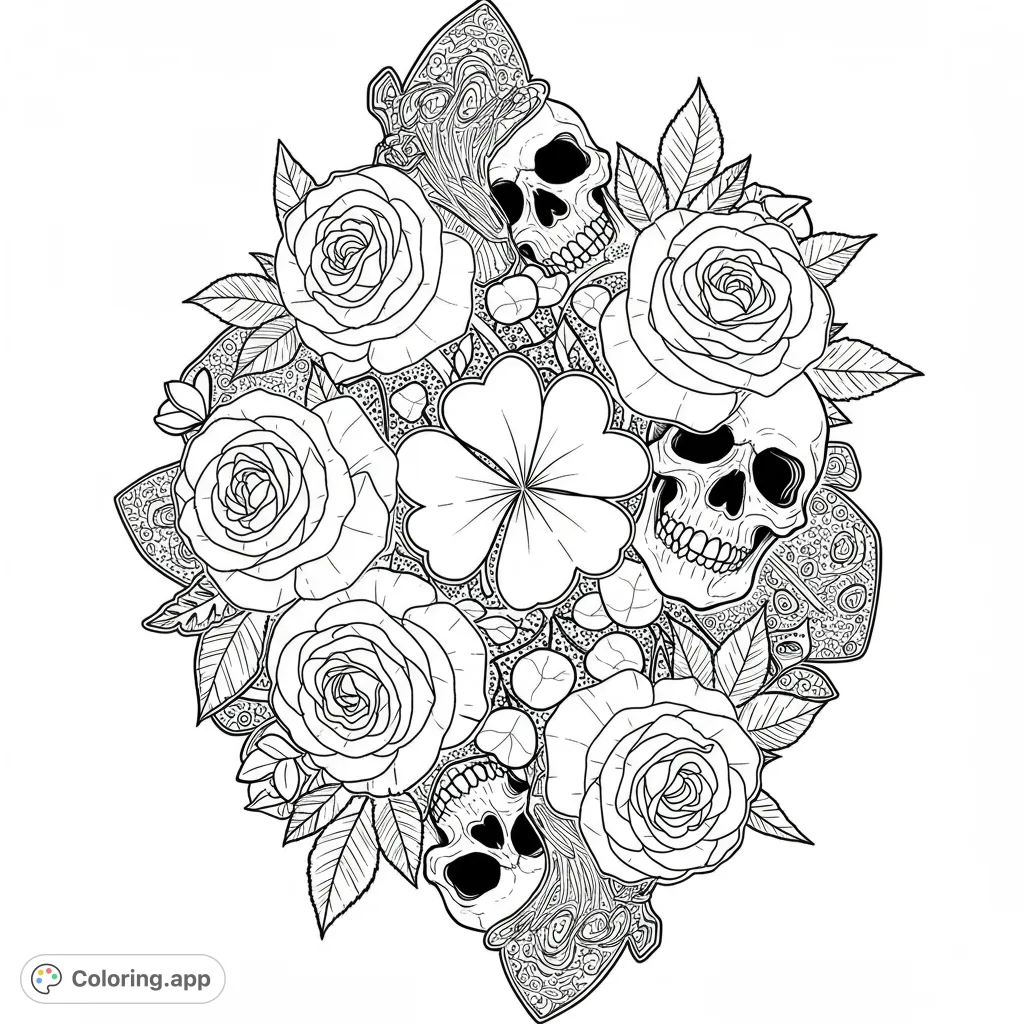An intricate gothic floral coloring page featuring detailed skulls, blooming roses, and a lucky four-leaf clover, perfect for creative expression.