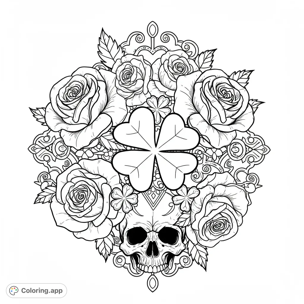 An intricate skull, roses, and four-leaf clover mandala. A detailed floral and gothic design for a unique and lucky coloring experience.