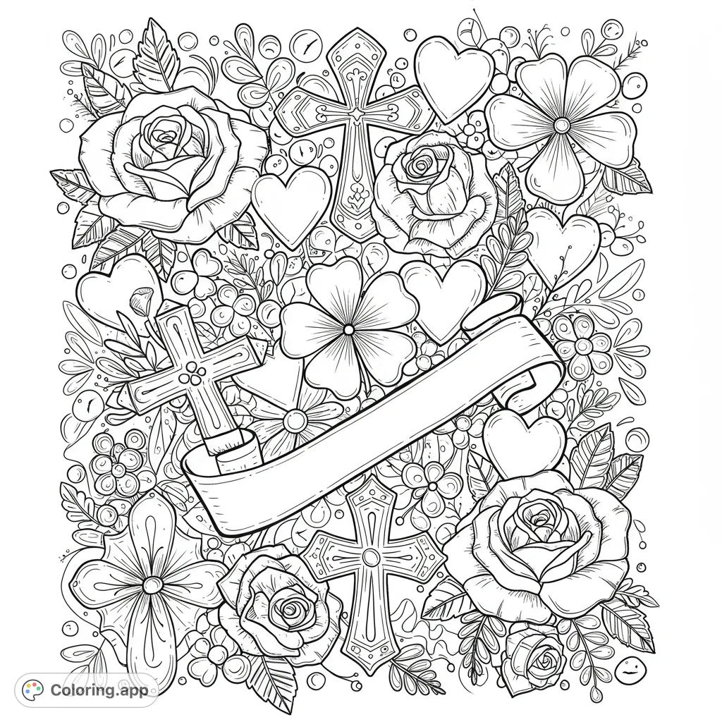 Intricate religious floral design with crosses, roses, hearts, and a banner. A detailed Christian coloring page for reflection and creativity.