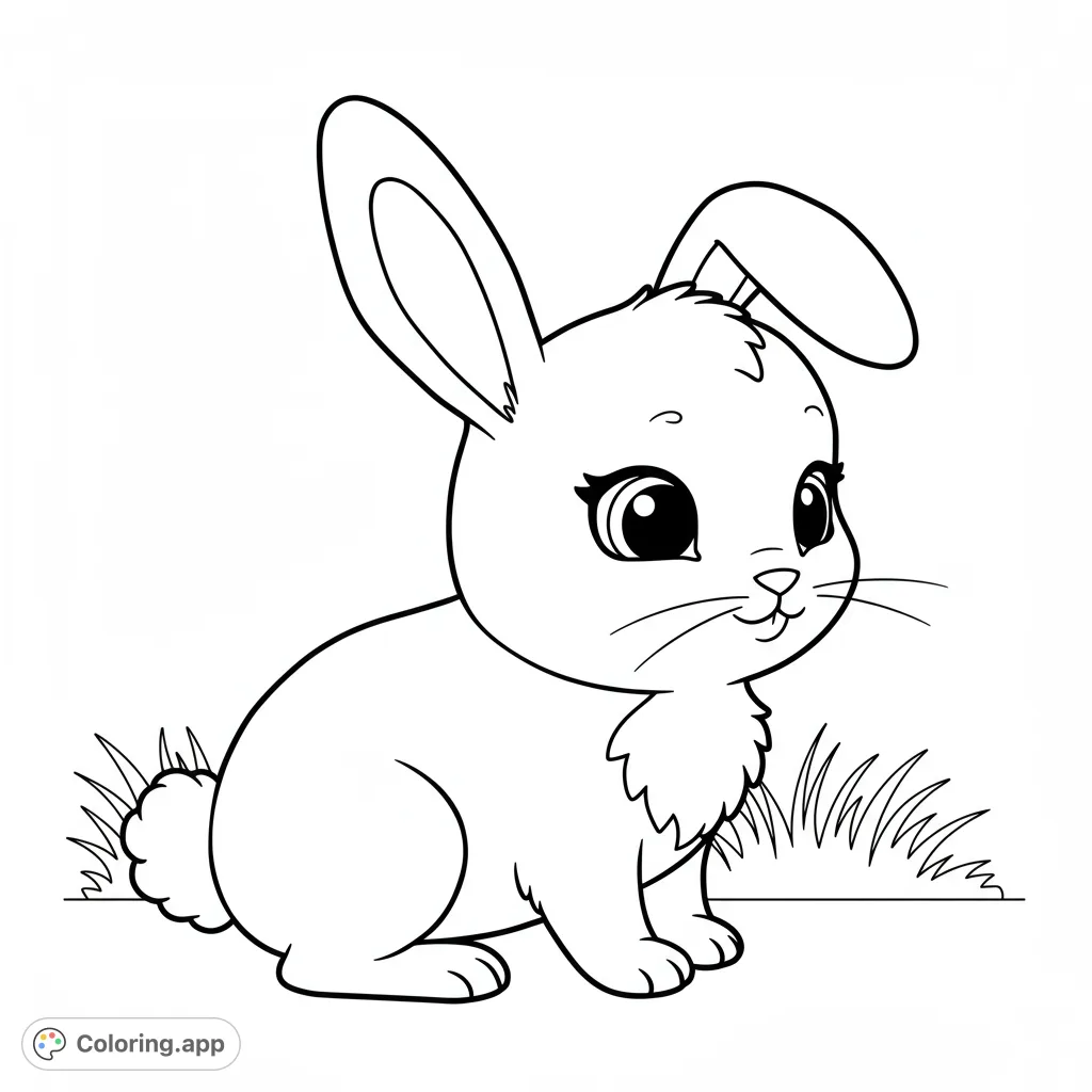 An adorable baby bunny with big eyes and fluffy fur sits in the grass, ready for a splash of color. A charming free printable bunny coloring page for kids.