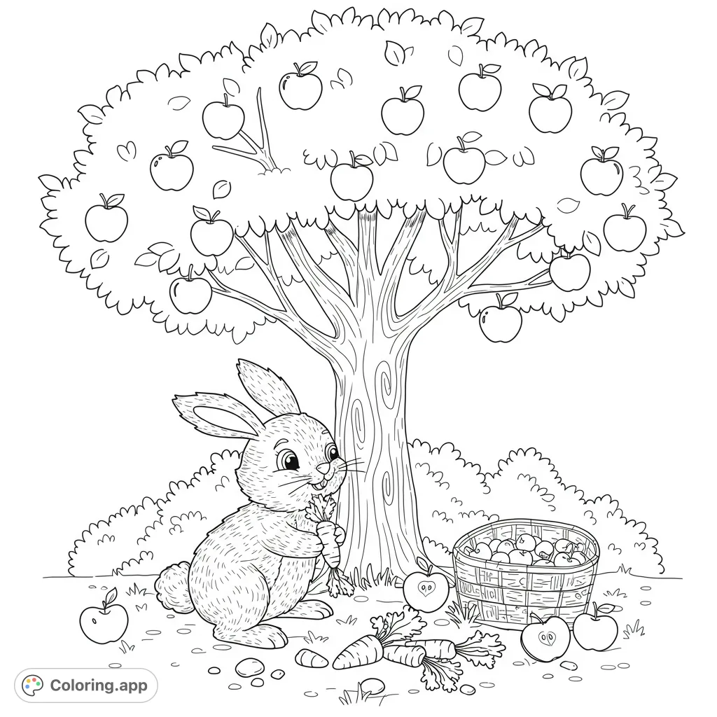 A charming bunny enjoys a carrot under a bountiful apple tree, surrounded by fallen apples and a full basket. A delightful nature scene.