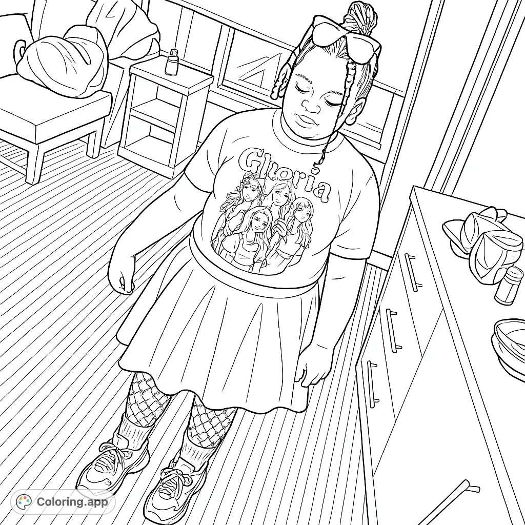 A stylish young person in a detailed indoor setting, perfect for fashion and interior design enthusiasts. A free printable coloring page.