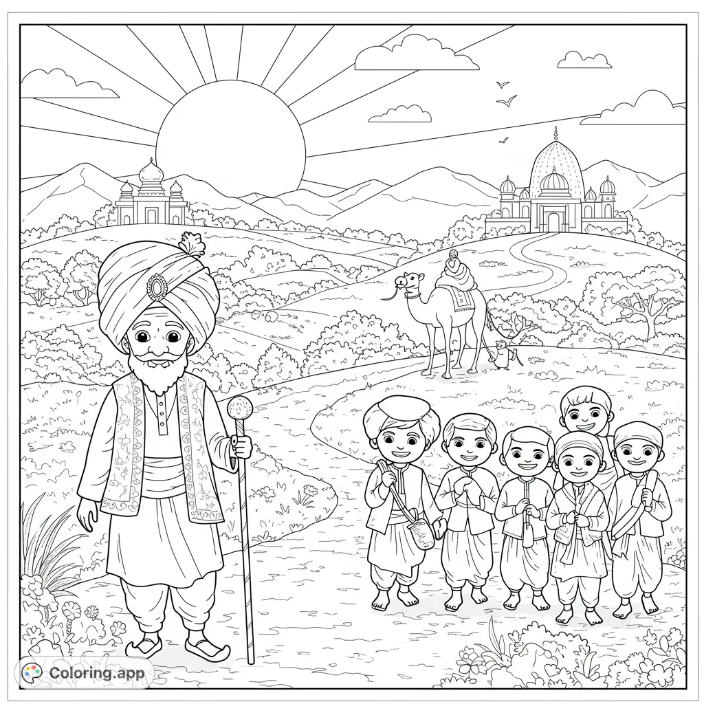 A vibrant Indian village scene featuring an elder, children, and a camel, set against rolling hills and traditional architecture, perfect for cultural exploration.