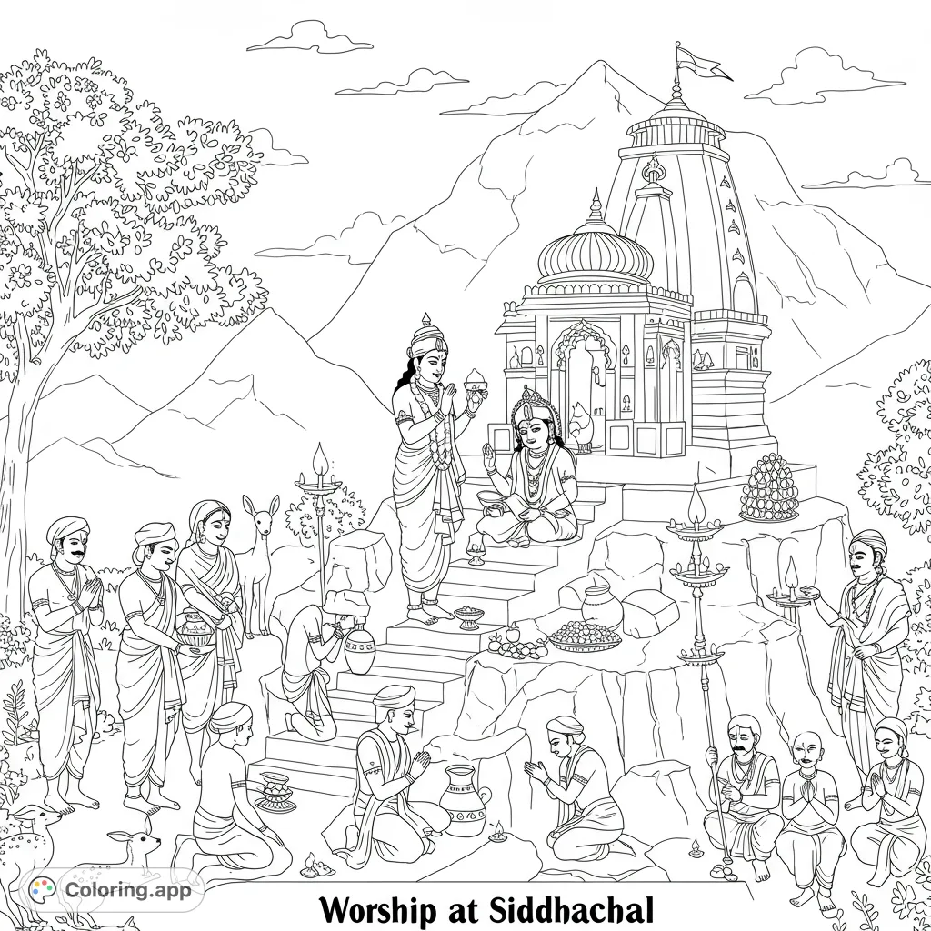 A serene spiritual gathering at a mountain temple, featuring devotees, deities, and traditional offerings amidst a natural landscape. Perfect for mindful coloring.