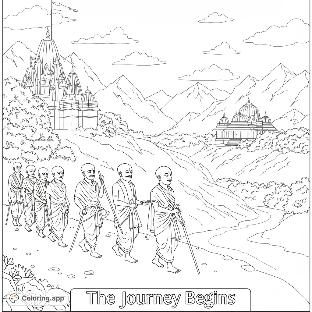 Embark on a spiritual journey coloring page featuring pilgrims, ancient temples, and majestic mountains. A free printable coloring page for all ages.