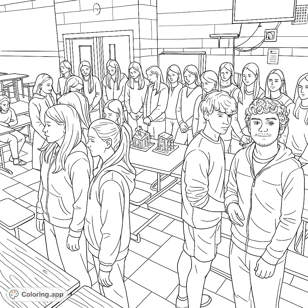 Engage with this detailed school science fair coloring page featuring students gathered around project displays. A free printable for all ages.