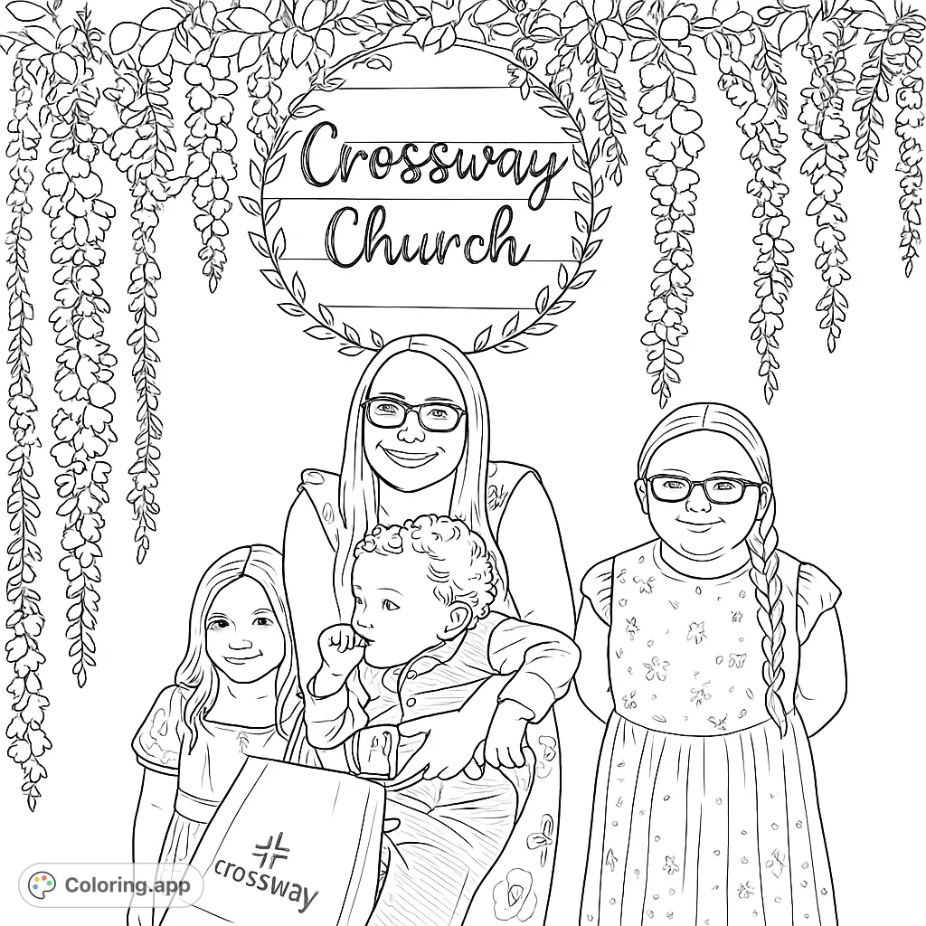 A heartwarming family portrait coloring page featuring a mother and three children under a beautiful floral arch, perfect for all ages.