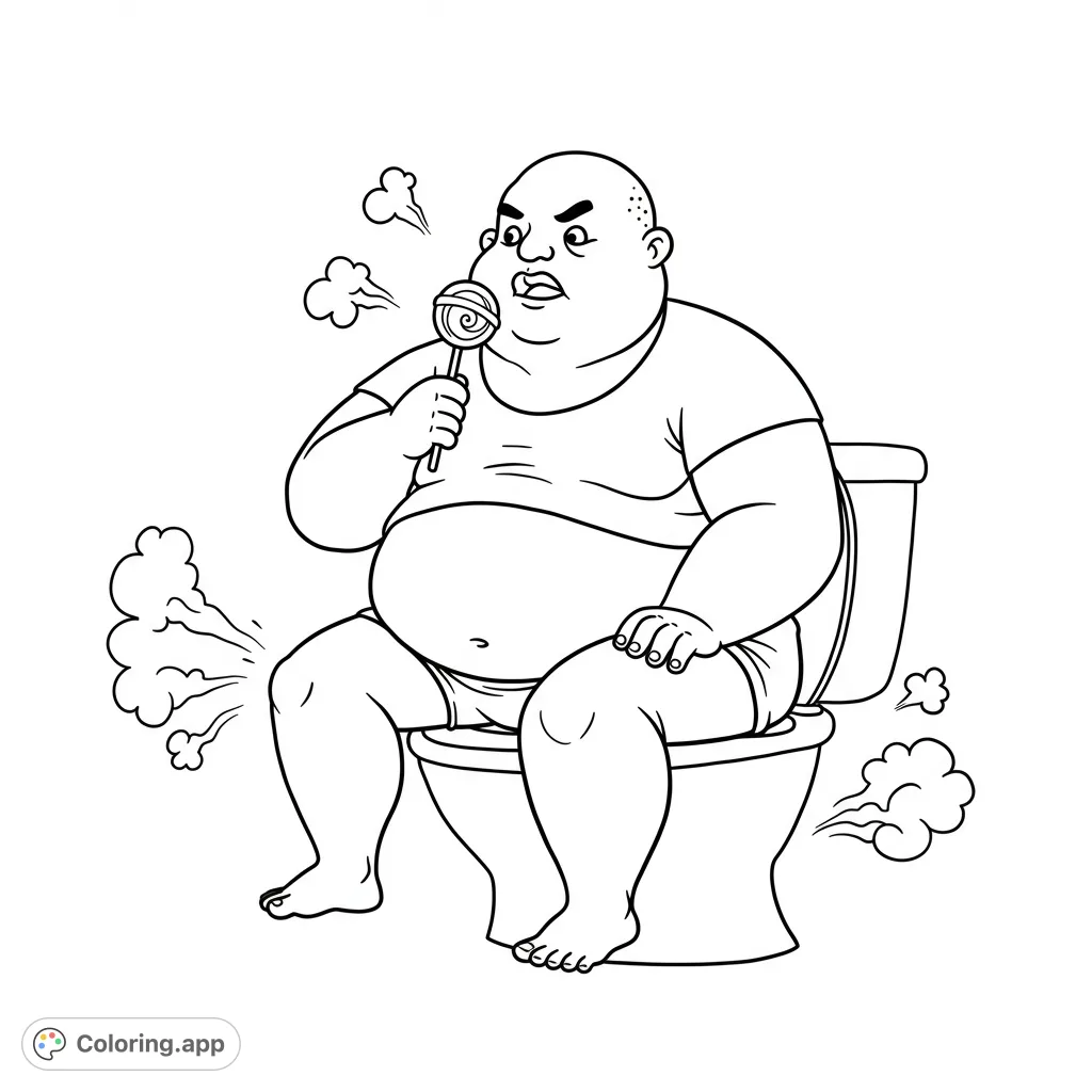 A humorous coloring page featuring a bald, overweight man on a toilet, holding a lollipop, with comical fart clouds. Perfect for a laugh!