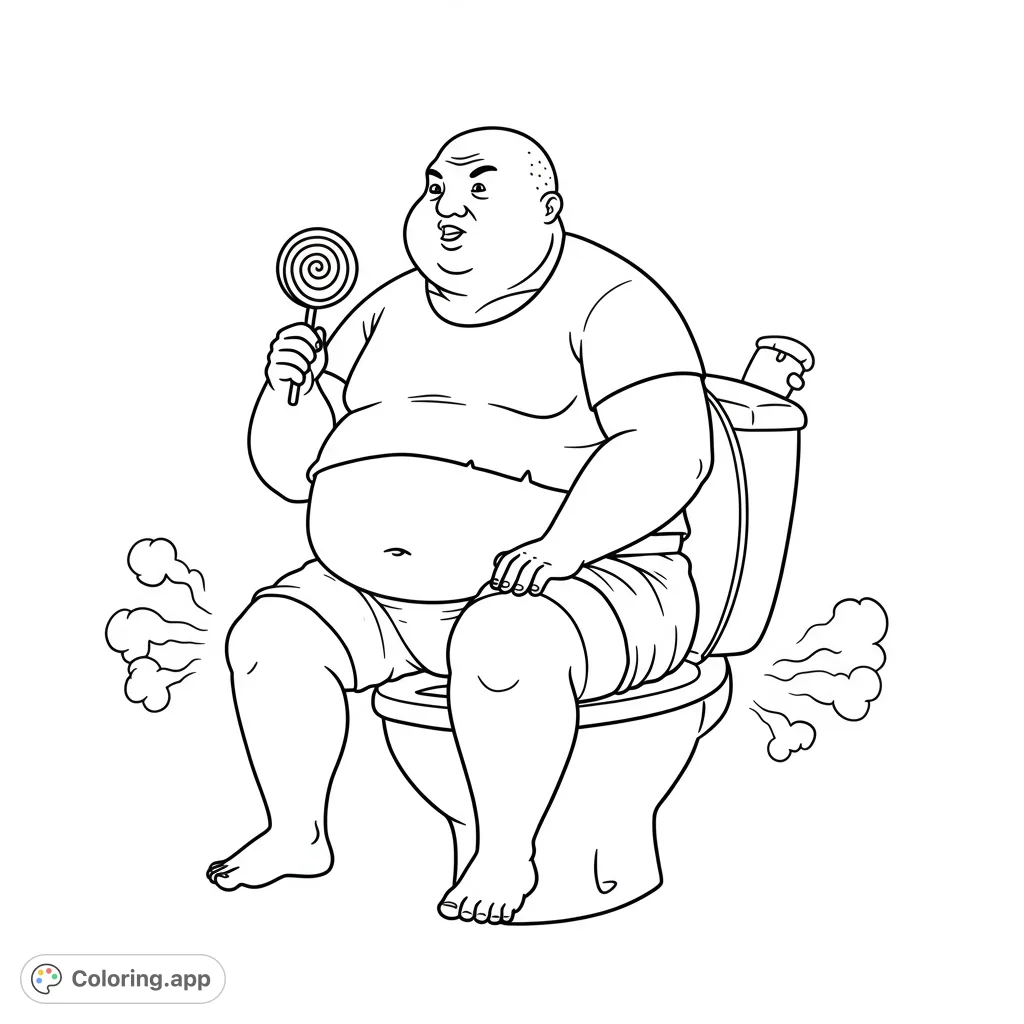 A humorous coloring page featuring an overweight man sitting on a toilet, holding a lollipop, with comical 'fart' clouds for a funny, free printable experience.