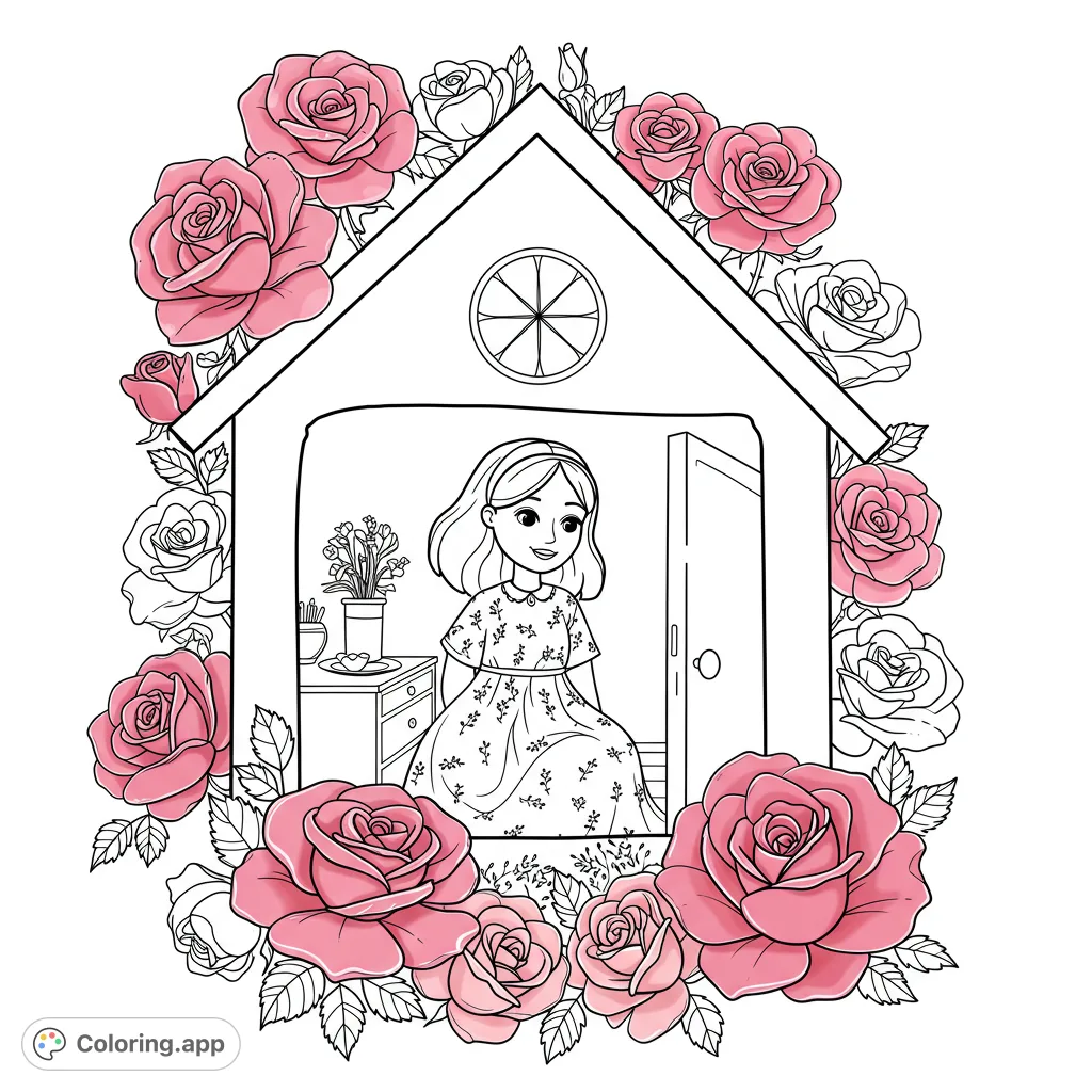 A charming girl in a house frame surrounded by beautiful roses. A delightful free printable rose house coloring page for kids and adults.