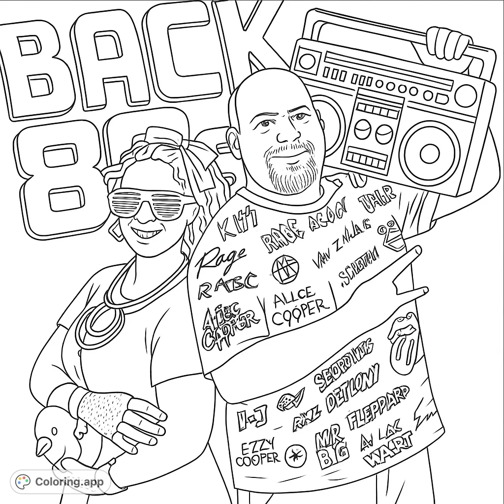 Step back to the 80s with a cool duo, boombox, and iconic band tees. A free printable 80s coloring page for retro fun!