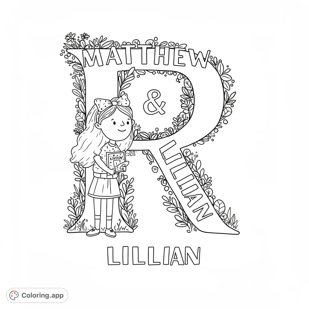 A charming botanical letter R coloring page featuring a sweet girl and intricate floral details. Perfect for personalized gifts and creative fun.