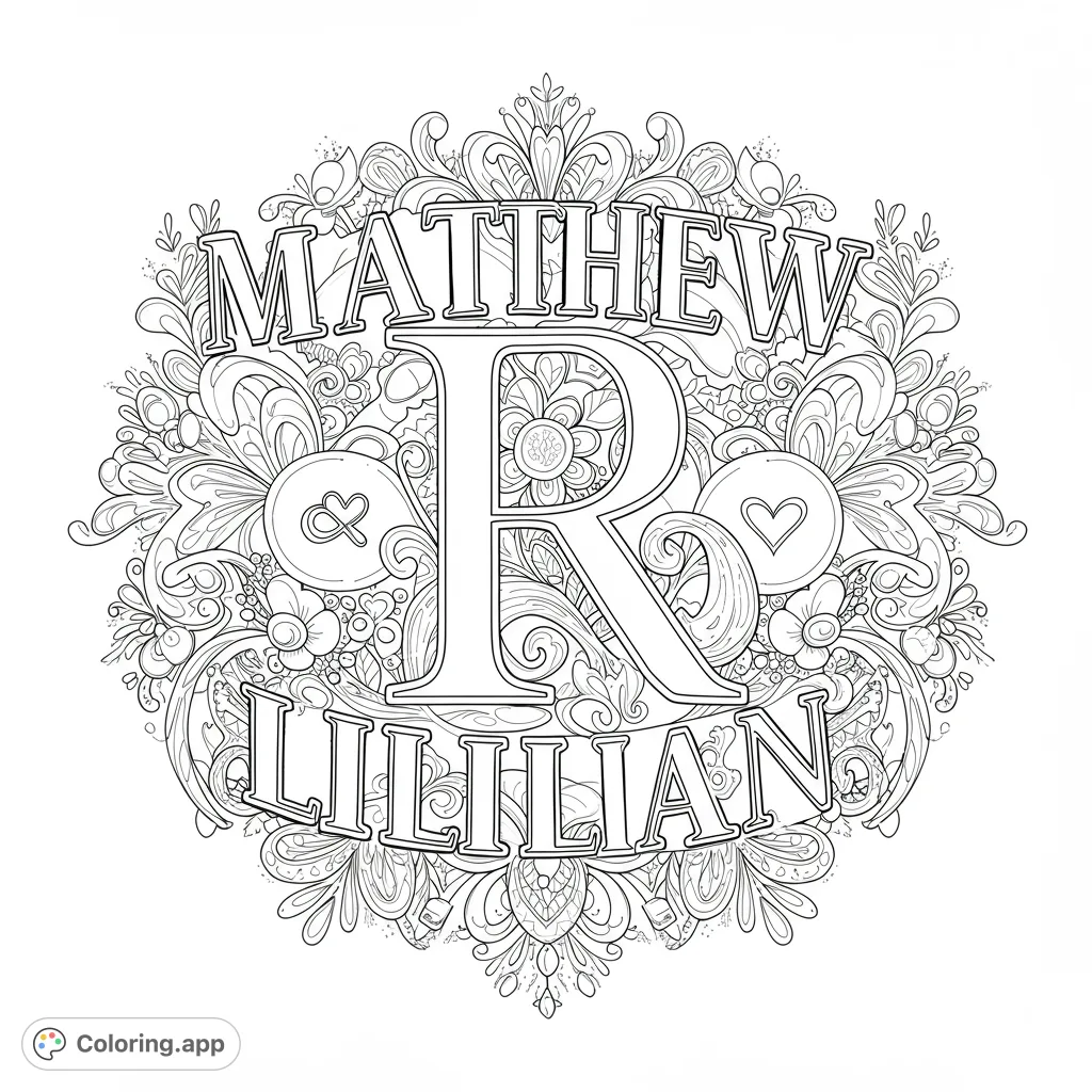 An intricate floral mandala surrounds a decorative 'R' with names 'Matthew' and 'Lillian'. A beautiful, free printable coloring page for all ages.