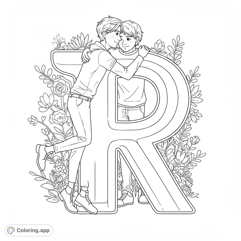 A heartwarming embrace between two men framed by a floral 'R'. A romantic and nature-inspired free printable coloring page for all ages.