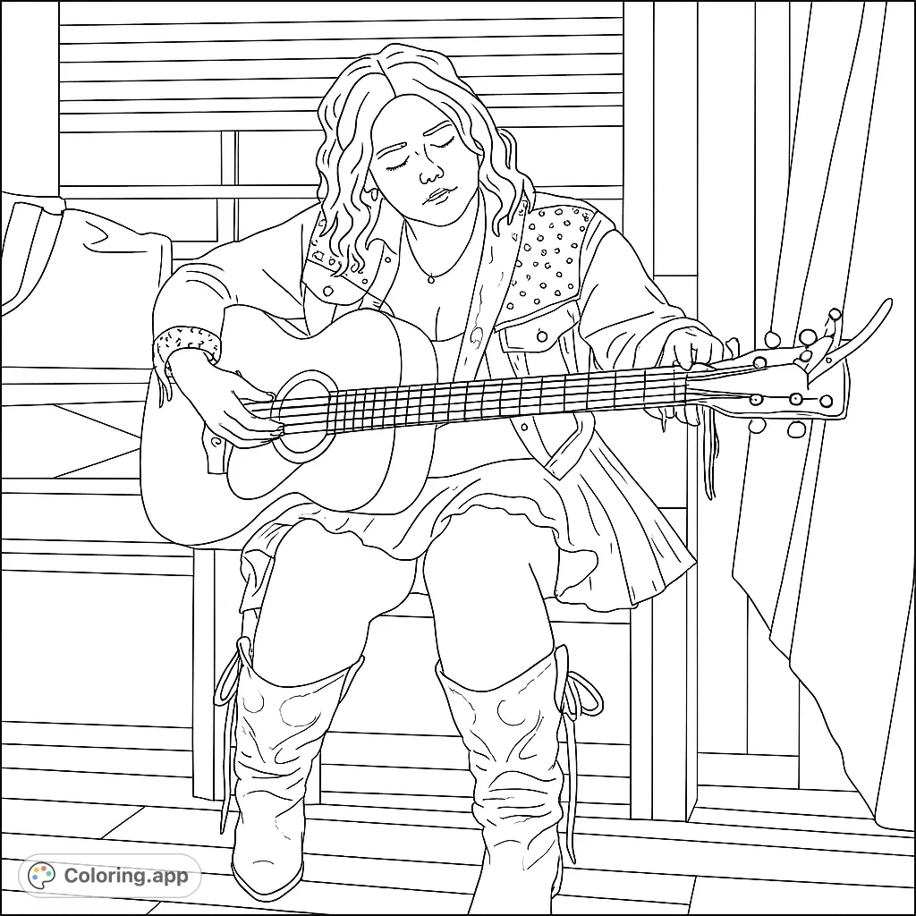 A captivating acoustic serenade coloring page featuring a woman playing guitar, perfect for music lovers. Enjoy this free printable coloring page!