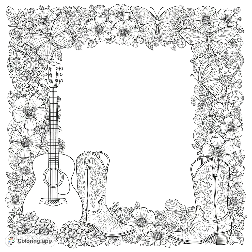 A detailed country floral frame coloring page featuring an acoustic guitar, cowboy boots, and intricate butterflies amidst blooming flowers.