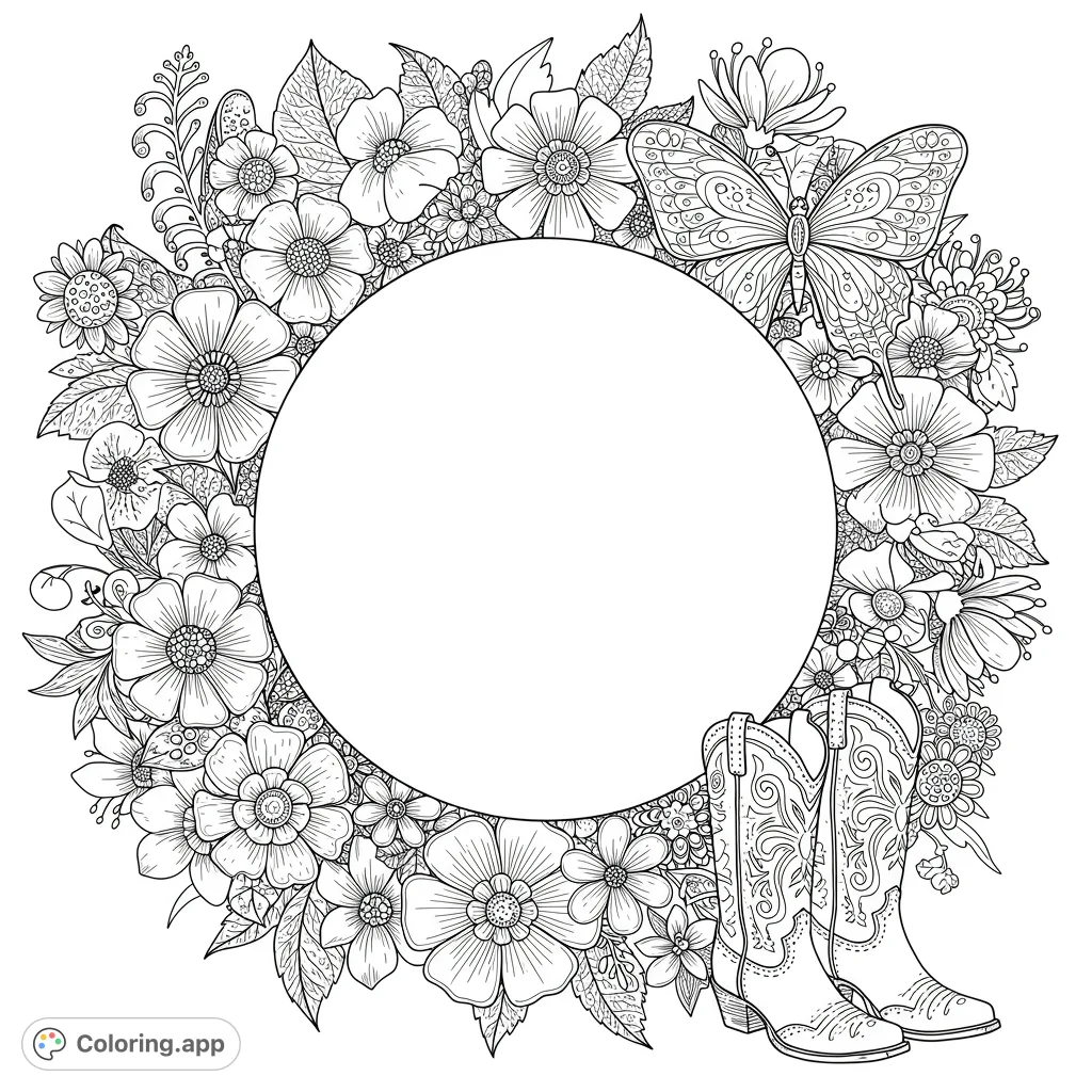 A charming country floral wreath coloring page featuring intricate flowers, a detailed butterfly, and classic cowboy boots surrounding a blank center.