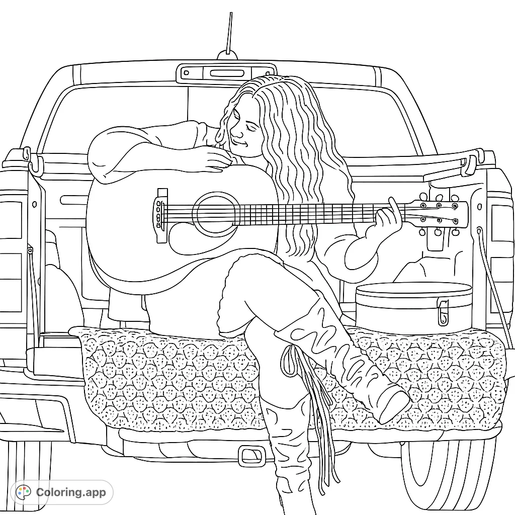 A country girl plays her acoustic guitar, relaxing on a textured blanket in a pickup truck tailgate. Perfect for music lovers and country fans.