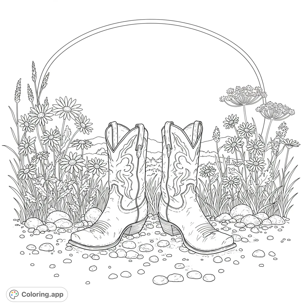 A charming countryside boots coloring page featuring detailed cowboy boots amidst wildflowers and pebbles, framed by an arch. Perfect for nature and western fans.