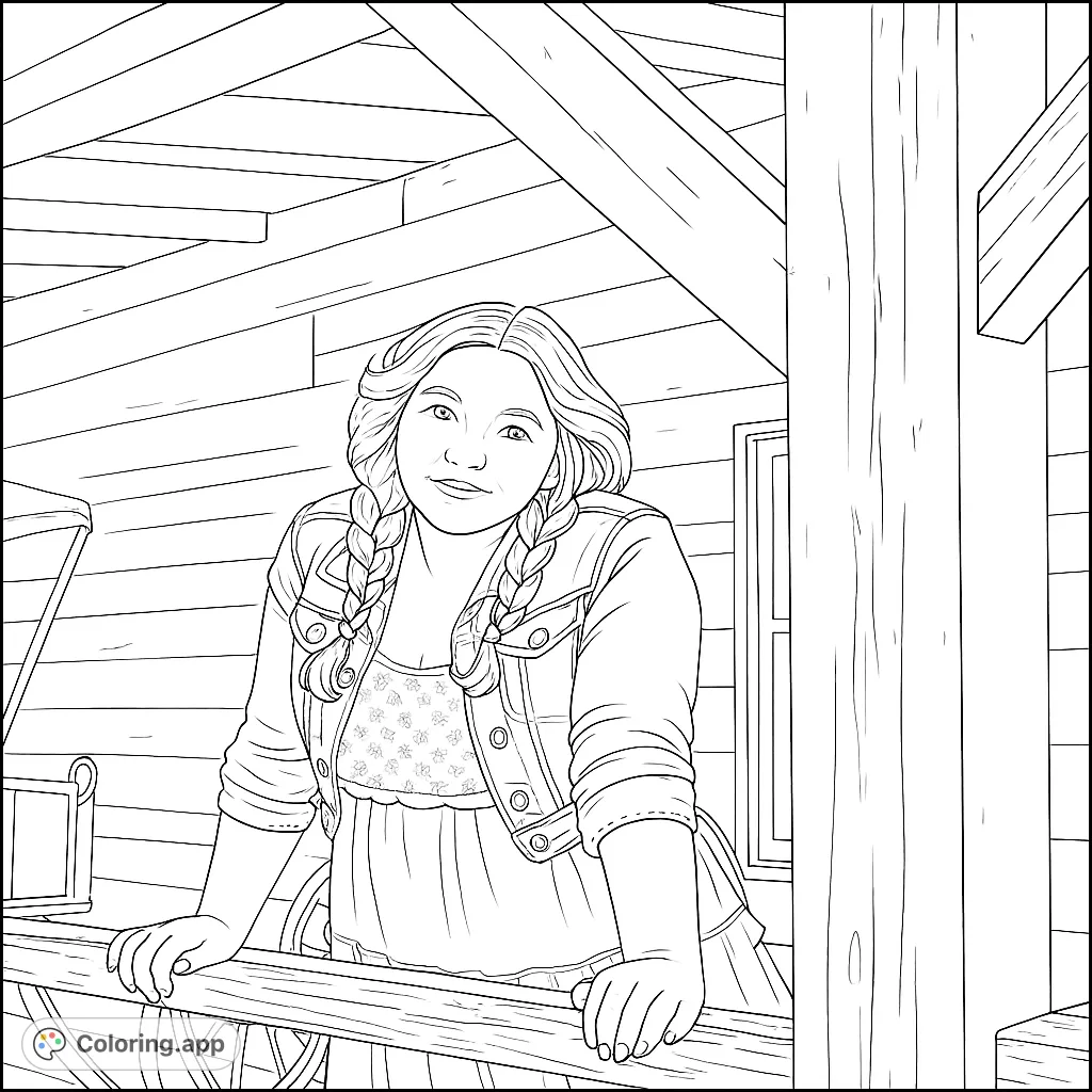 A charming girl with braided hair leans on a rustic wooden porch railing, inviting you to color her world. A free printable coloring page.