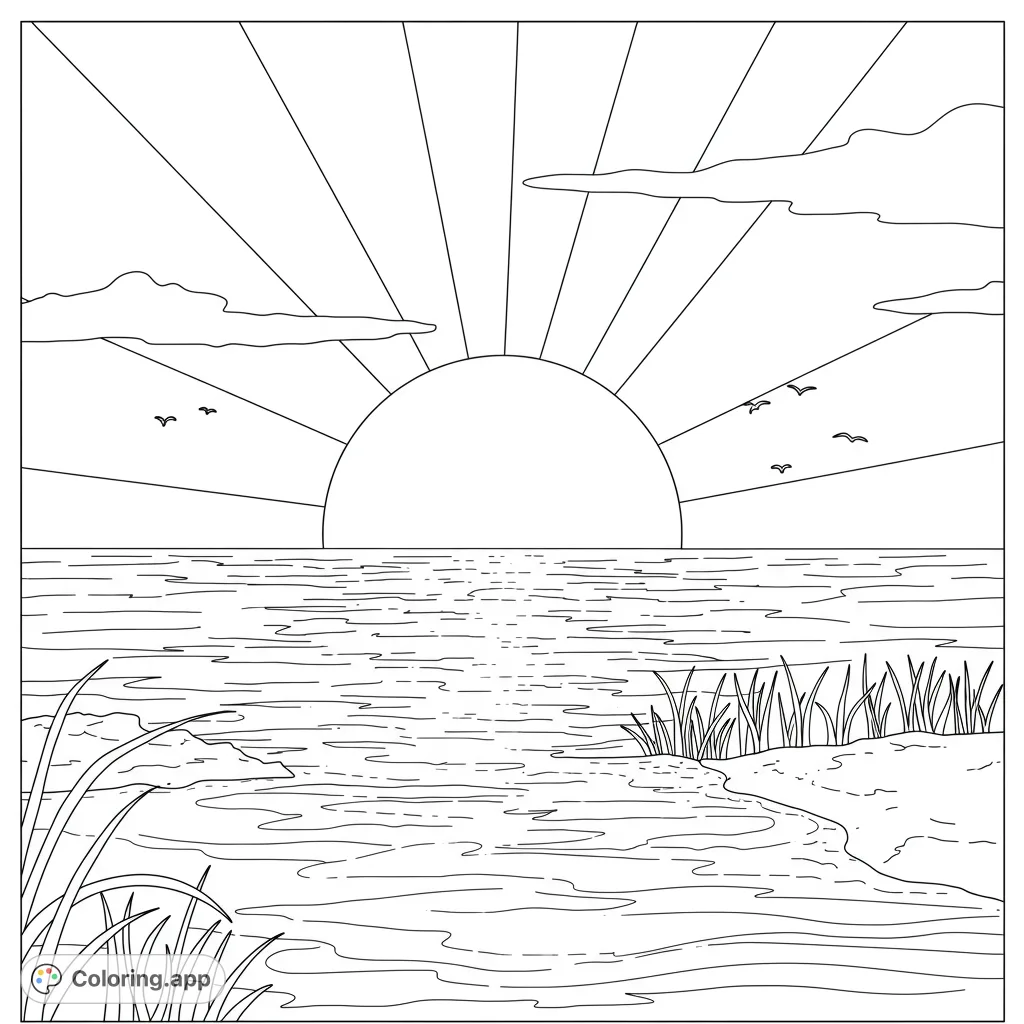 Capture the beauty of a radiant sunset over calm waters with this free printable nature coloring page. Features sunbeams, clouds, and serene ripples.