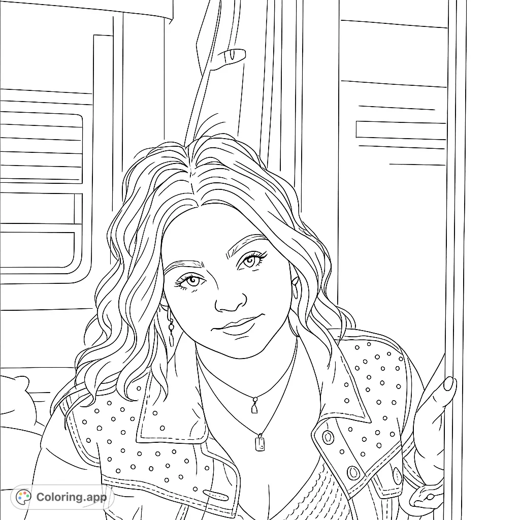 A trendy young woman with wavy hair and a studded jacket, captured in a detailed line art portrait, perfect for creative coloring.