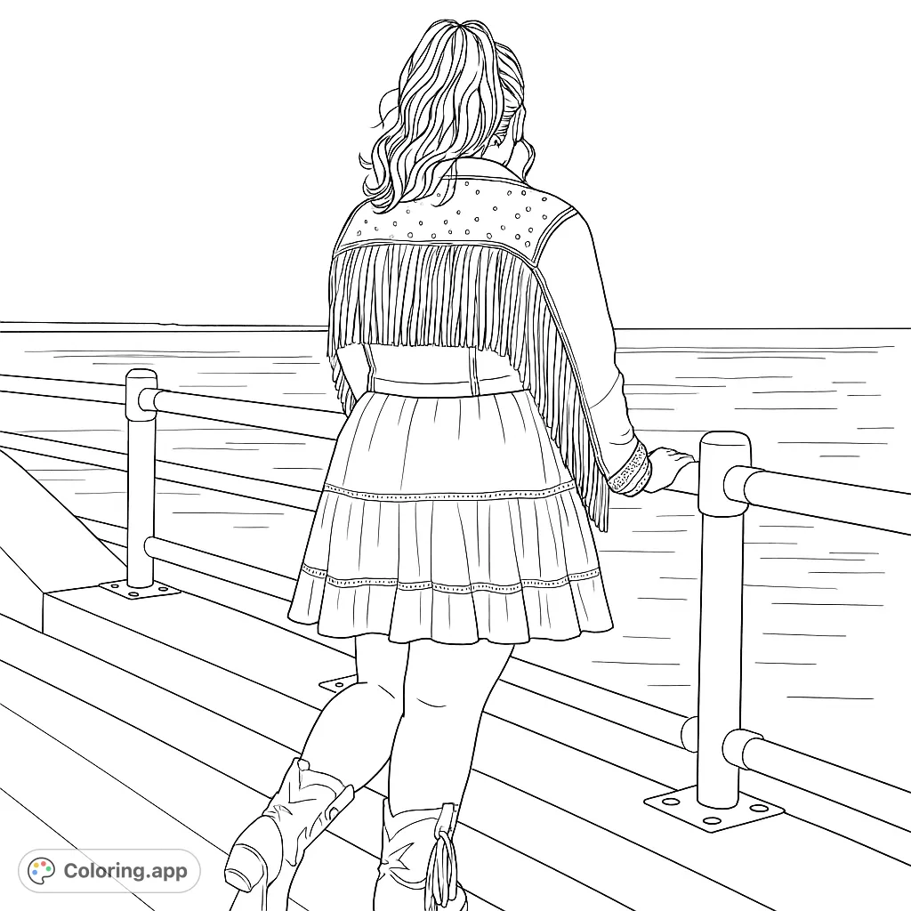 A stylish woman in a fringed jacket and cowboy boots stands on a pier, gazing at the water. A free printable country western coloring page.
