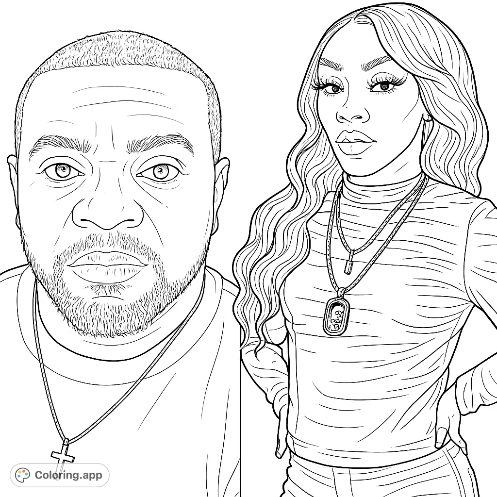 A detailed black and white line drawing of a modern man and woman, perfect for personalized coloring. Features intricate facial details and clothing textures.