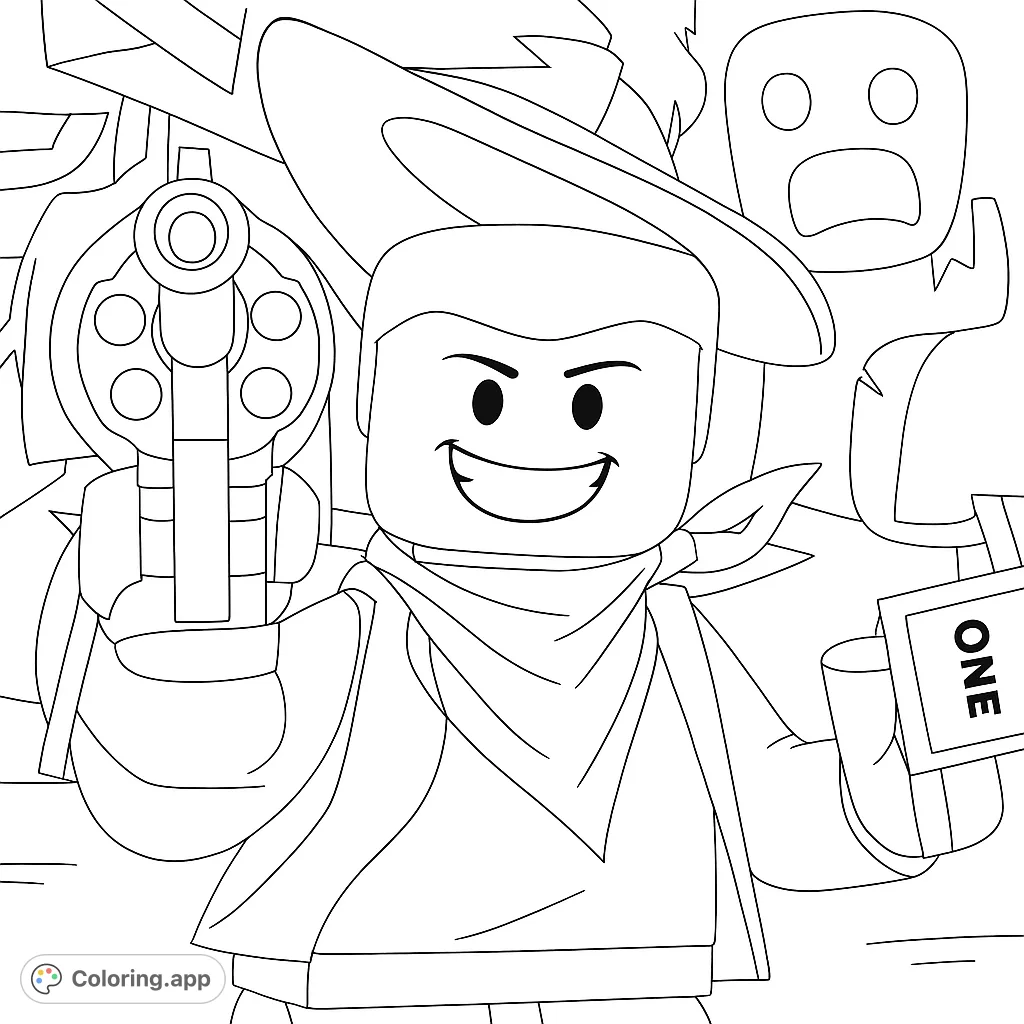 A confident block-figure cowboy with a revolver and 'ONE' sign, set against a dynamic background with a scared figure. A fun, free printable coloring page.