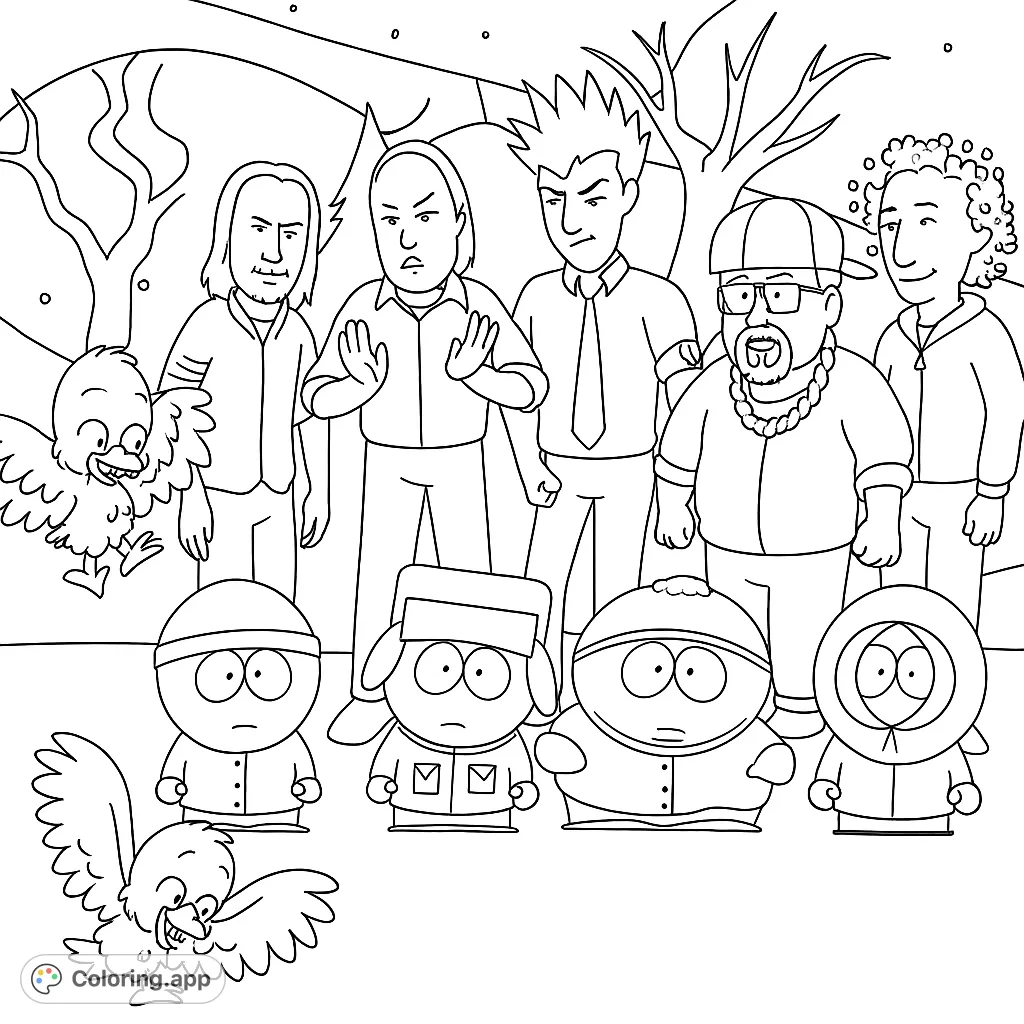 A fun cartoon coloring page featuring a diverse group of adult and child characters with two playful birds in a snowy landscape, perfect for all ages.