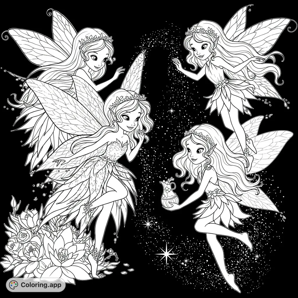 Four enchanting fairies with delicate wings and flowing hair, surrounded by sparkling magic and floral elements, ready for a magical coloring adventure.