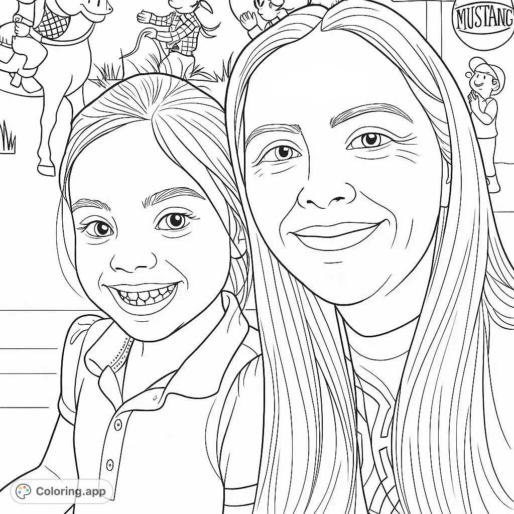 A heartwarming family portrait coloring page featuring a smiling mother and daughter at a lively fair, perfect for a free printable coloring page.