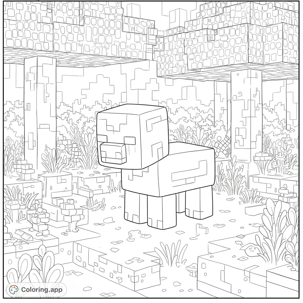 Dive into a blocky adventure! A charming pixelated pig awaits your colors amidst a detailed, block-filled landscape. Perfect for Minecraft fans!