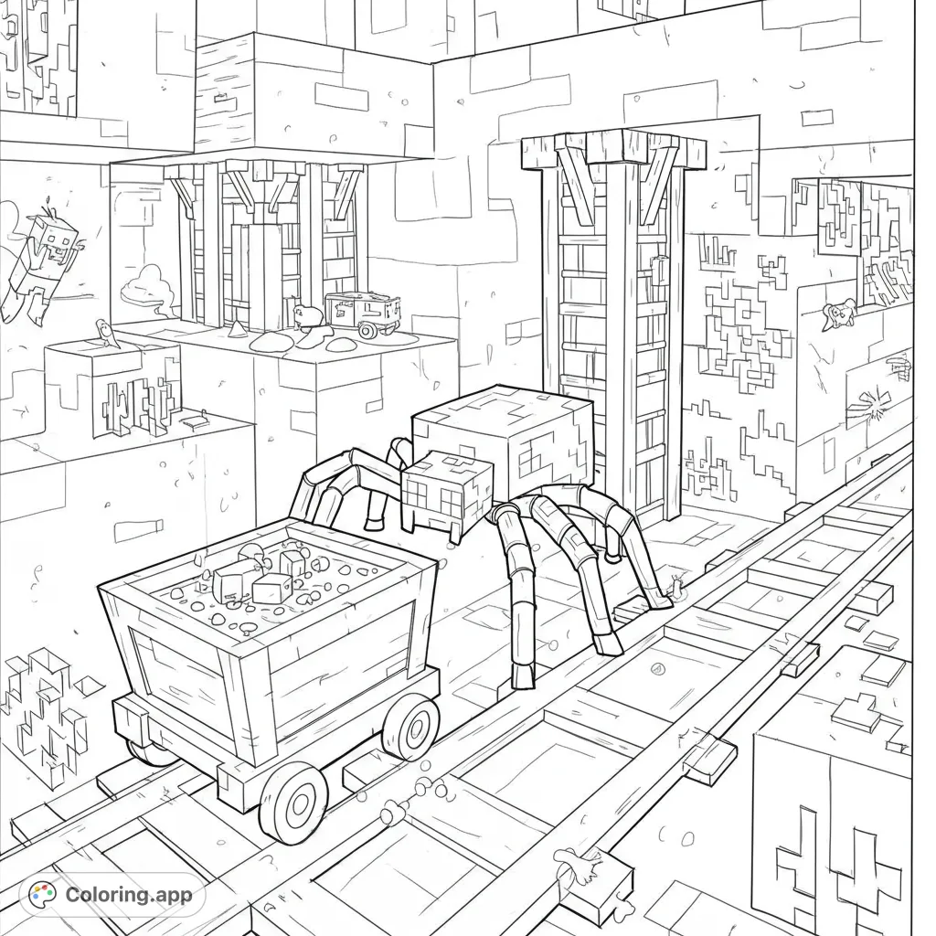 Explore a blocky mine adventure with a giant spider pulling a minecart full of ore. A fun, free printable coloring page for all ages!