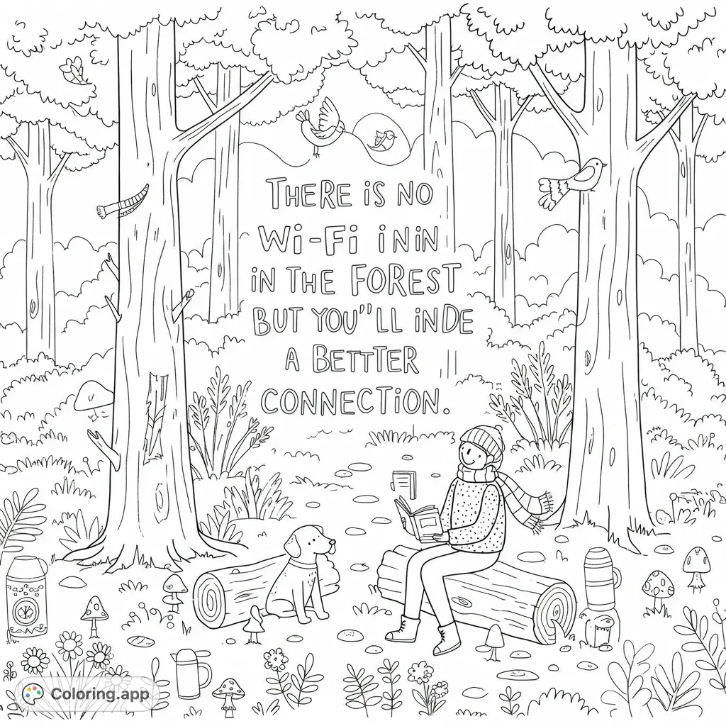A cozy forest scene featuring a person reading on a log with their dog, surrounded by trees and nature. Perfect for a relaxing nature-themed coloring page.